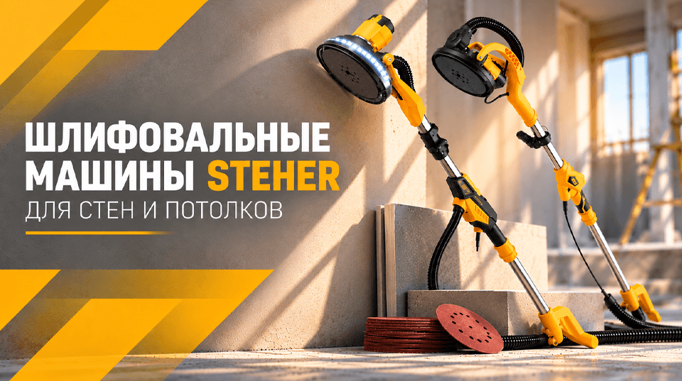 Новое поступление: шлифовальные машины STEHER для стен и потолков с диском 225 мм и подсветкой рабочей зоны