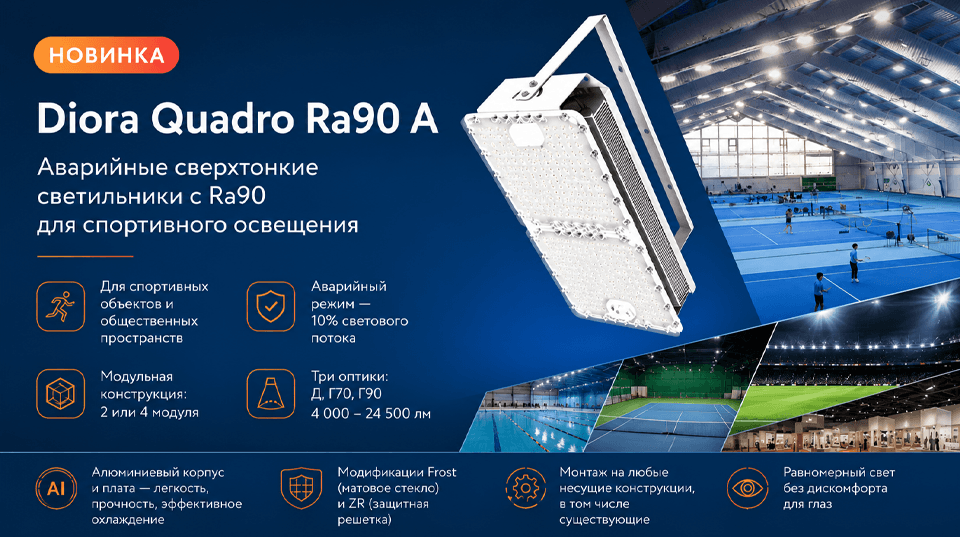 Аварийные сверхтонкие светильники Diora Quadro Ra90 A для спортивного освещения