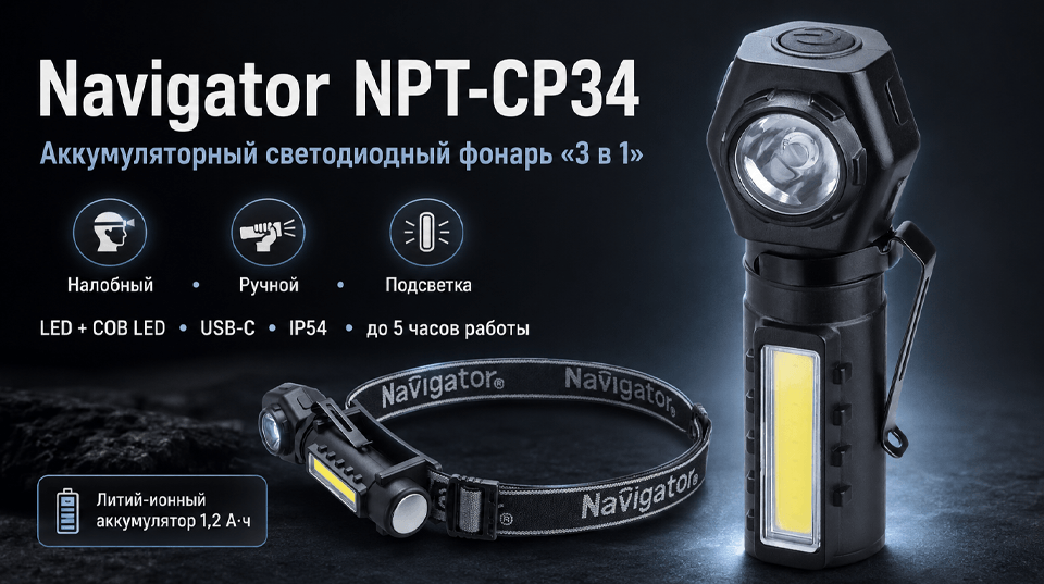Navigator NPT-CP34 – универсальный аккумуляторный фонарь 3 в 1