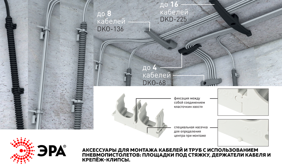 аксессуары для монтажа кабелей и труб с использованием пневмопистолетов: площадки под стяжку, держатели кабеля и крепёж-клипсы.