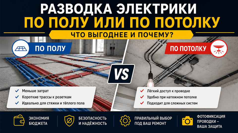 Разводка электрики по полу или по потолку: что выгоднее