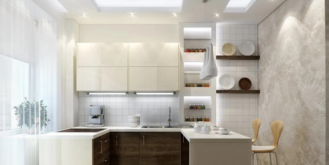 Точечные светильники в маленькой кухне должны находиться над рабочей поверхностью